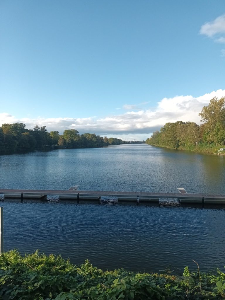 Duisburg Ruhiger Fluss mit Ufervegetation und strahlend blauem Himmel.